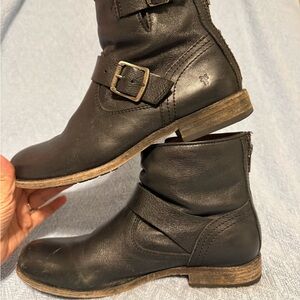 Frye Black Leather Engineer Ankle Boots with Buckle